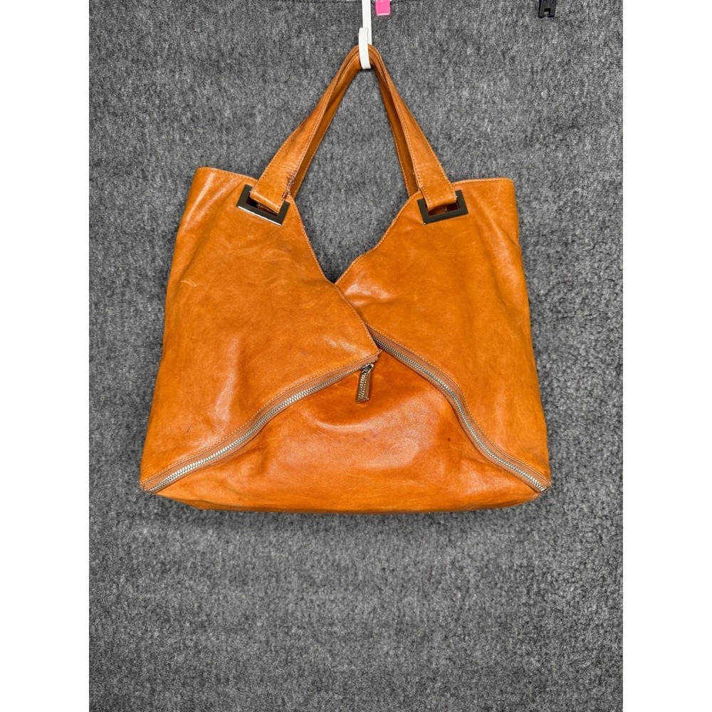 Kooba Ginger Tan Leather Slouchy Tote Bag Diagonal Zipper Hobo Silver Hardware